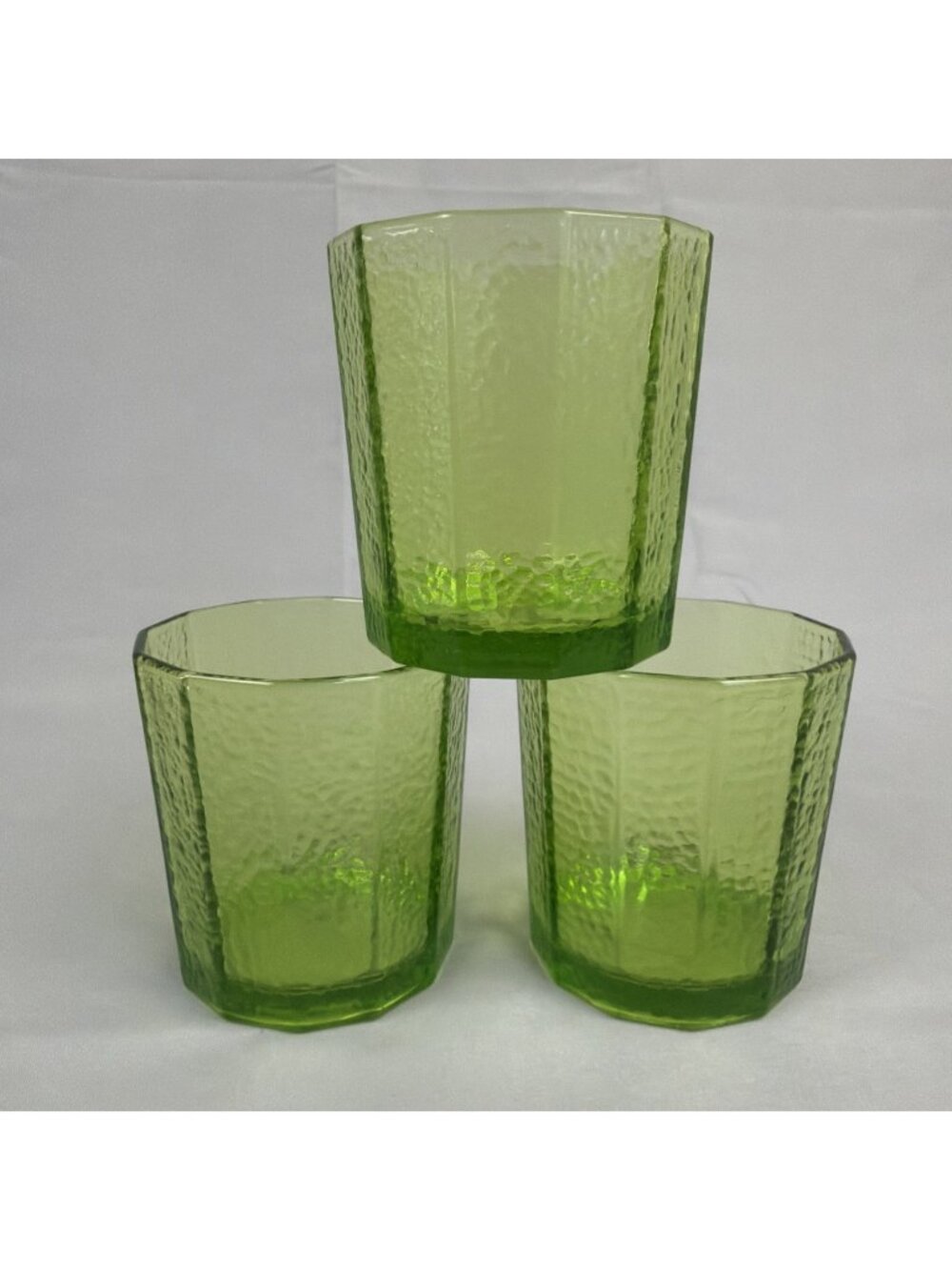 3 70s Avocado Green Anchor Hocking Paneled Pebble Juice Whiskey Glass Retro VTG